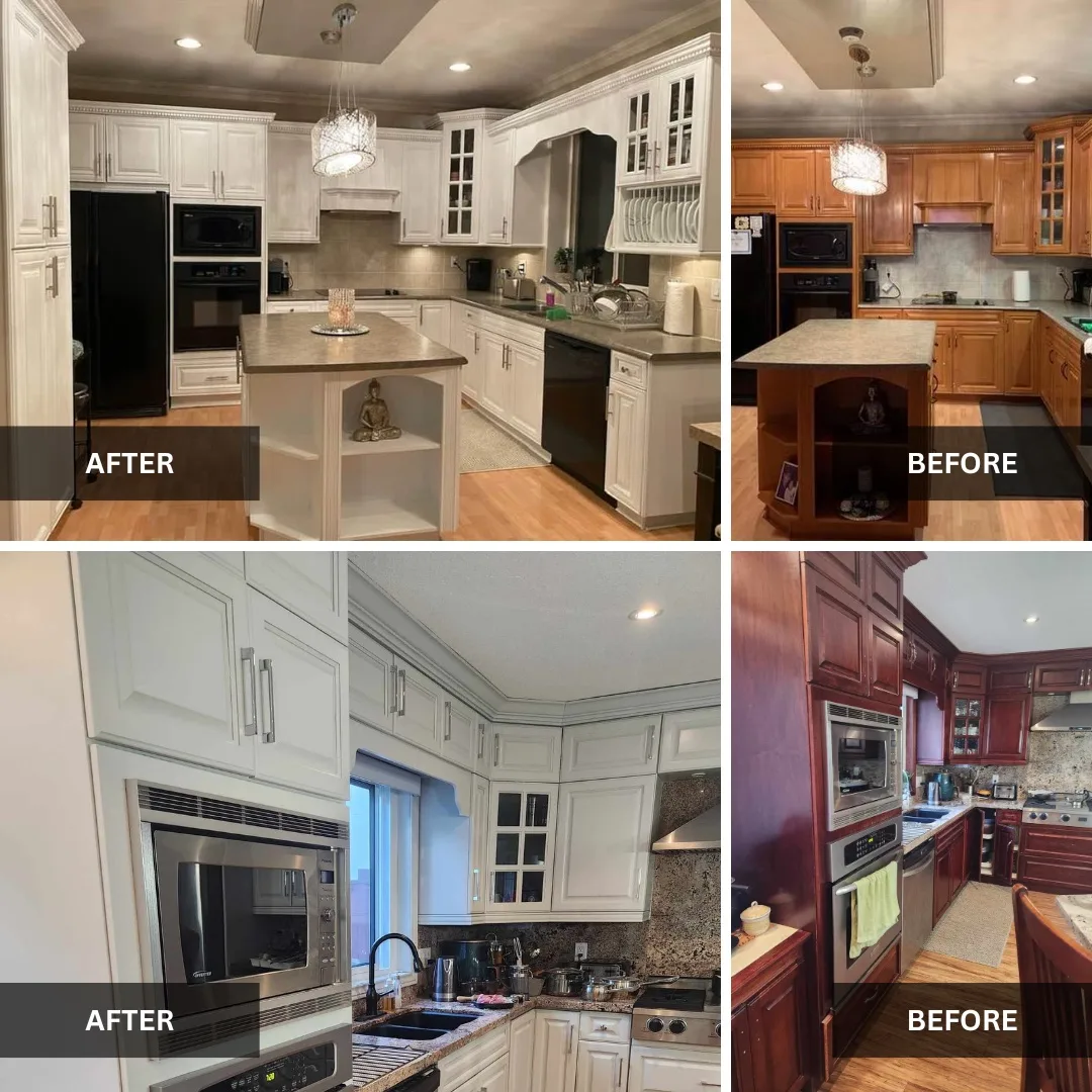 Four kitchen cabinet painting projects by Johhan Painting, shown before and after